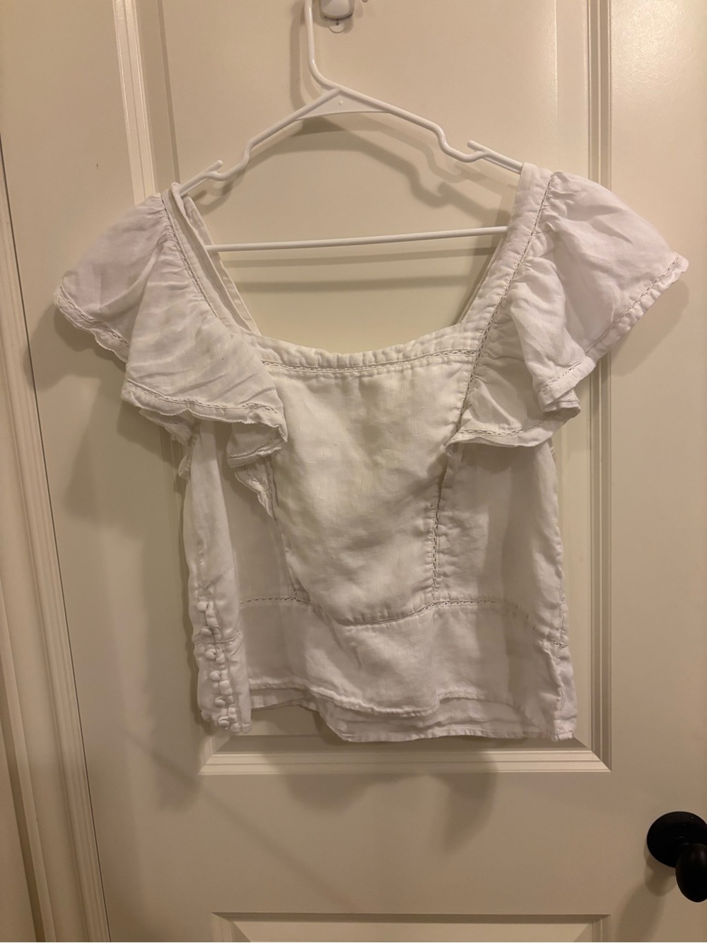 Faherty Mariposa Top Womens L White 100% Linen Ruffle Square Neck Boho Blouse